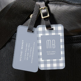 Elegant gråblå gingham-monogram bagagebricka