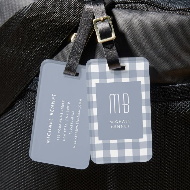 Elegant gråblå gingham-monogram bagagebricka (Elegant Gray Blue Gingham Monogram Luggage Tag)