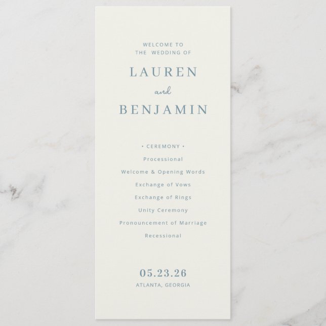 Elegant gråblå minimalistisk vigselceremoni program (Framsida)