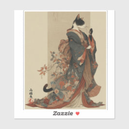 "Elegant Grace" Japanese Cat in Kimono Art Klistermärken
