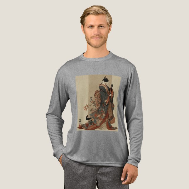 "Elegant Grace" Japanese Cat in Kimono Art T Shirt (Hel framsida)