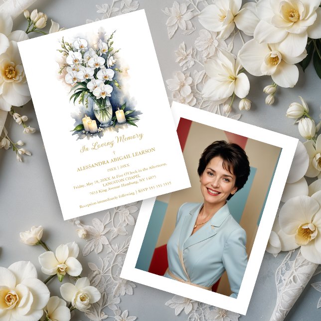 Elegant Graceful White Orchid Bouquet & Candles  Inbjudningar (Elegant White Orchid Bouquet & Candle Memorial Funeral Invitation Cards with Photo on Back.)