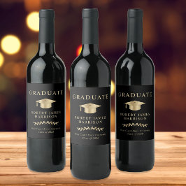 Elegant Grad Cap Black Guld Studentfest Vinflaska Etikett