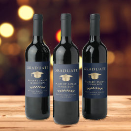 Elegant Grad Cap Blue Guld Studentfest Vinflaska Etikett