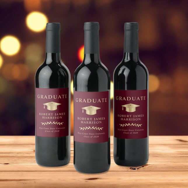 Elegant Grad Cap Burgundy Guld Studentfest Vinflaska Etikett (Skapare uppladdad)