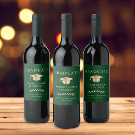 Elegant Grad Cap Grönt Guld Studentfest Vinflaska Etikett