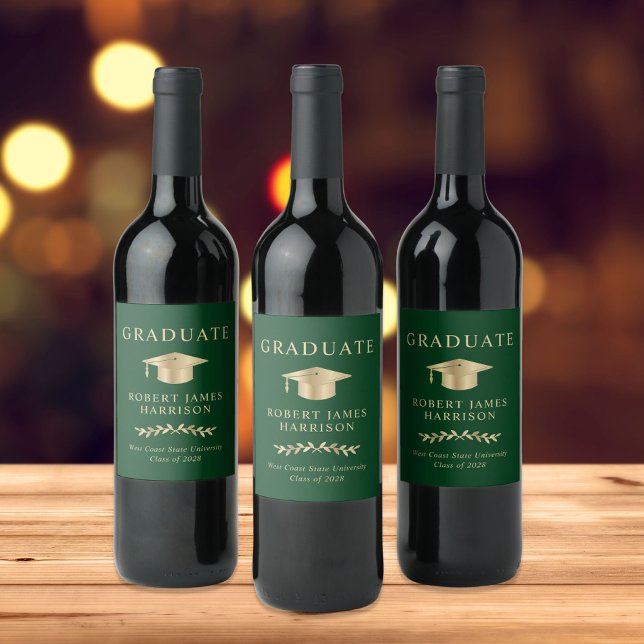 Elegant Grad Cap Grönt Guld Studentfest Vinflaska Etikett (Skapare uppladdad)