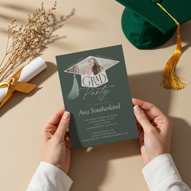 Elegant Grad Cap & Tassel Photo Studentfest Inbjudningar (Elegant Grad Cap & Tassel Photo Graduation Party Invitation)
