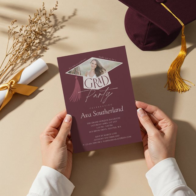 Elegant Grad Cap & Tassel Photo Studentfest Inbjudningar (Elegant Grad Cap & Tassel Photo Graduation Party Invitation)