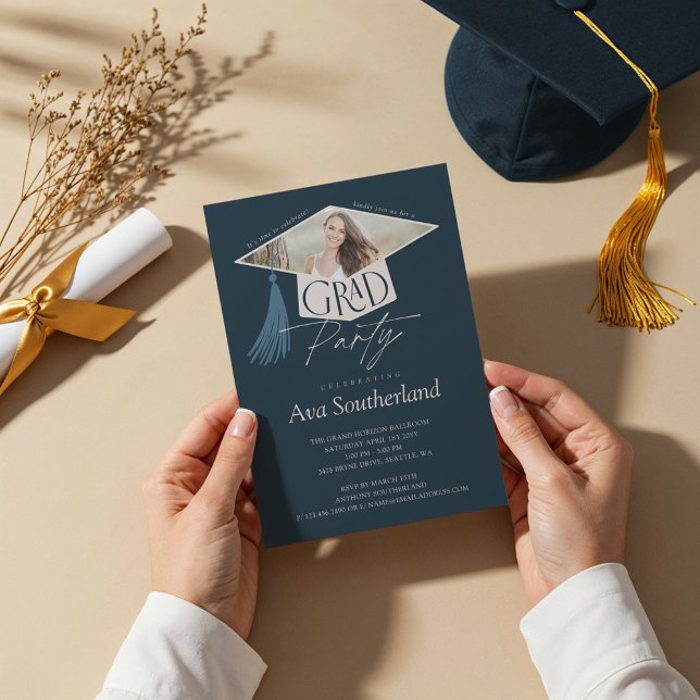 Elegant Grad Cap & Tassel Photo Studentfest Inbjudningar (Elegant Grad Cap & Tassel Photo Graduation Party Invitation)
