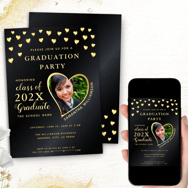 Elegant Grad Photo Black och Guld Studenten Inbjudningar (Choose your format among these options: Printed; Printed + Instant Download; Instant Download)