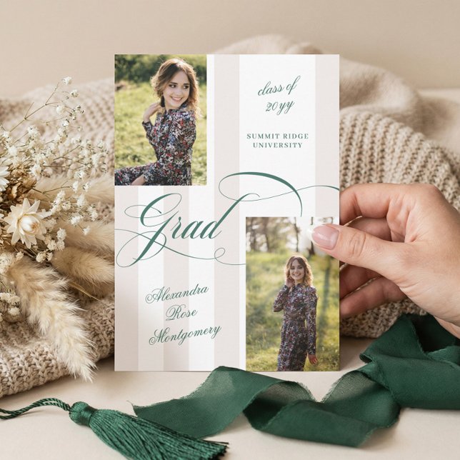 Elegant Grad Script French Stripe Photo Graduation Meddelande (Elegant Grad Script French Stripe Photo Graduation Announcement)