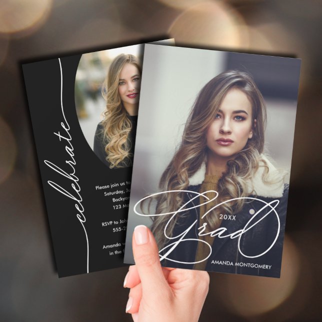 Elegant Grad-skript, foto Studenten Inbjudningar (Elegant grad script photo graduation party invitations)