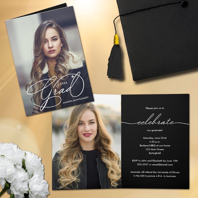 Elegant Grad-skript, foto-Studenten-mappat Inbjudan (Elegant Grad Script Photo Graduation Folded Invitations)
