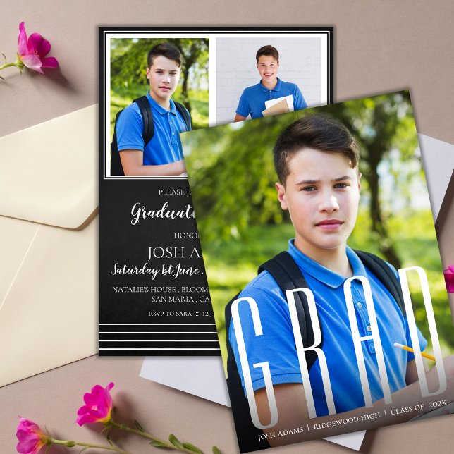 Elegant GRAD Typography Multi Photo Studenten Inbjudningar (Modern Multi Photo GRAD Typography Graduation Invitation)
