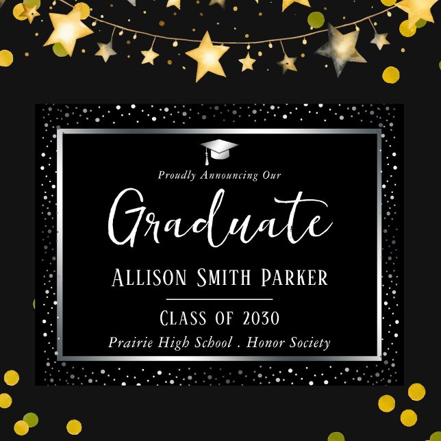 Elegant Graduation Announcement Black and Silver Vykort (Skapare uppladdad)