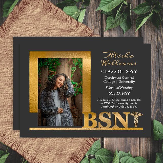 Elegant Grafit Guld BSN Examensår 2026 Meddelande (Elegant graphite and gold BSN graduation announcement with modern photo layout)