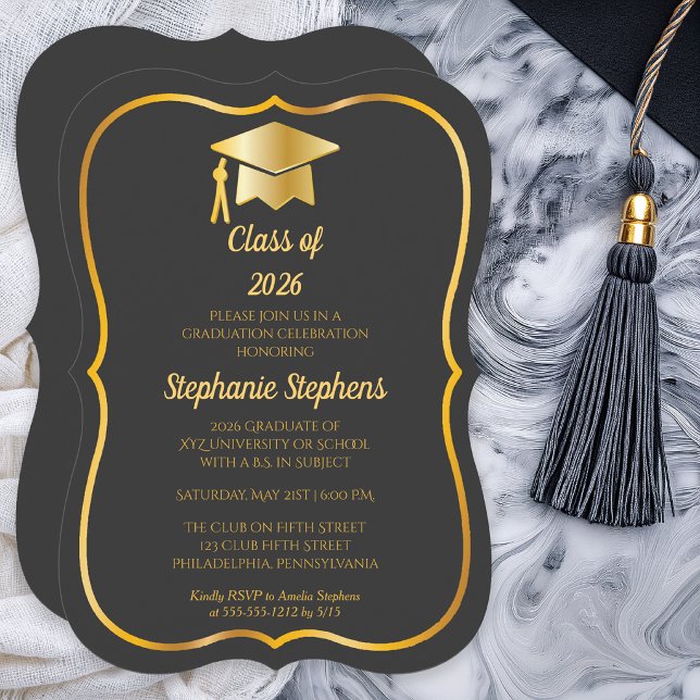 Elegant Grafit | Guld Hatt Examenfest Inbjudningar (Elegant Graphite and Gold Tone Grad Cap Graduation Party Invitation - Print |  Download)