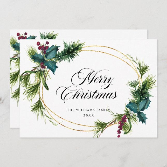 Elegant gran ädelgran järnek bär julhälsning julkort (Fram/baksida)