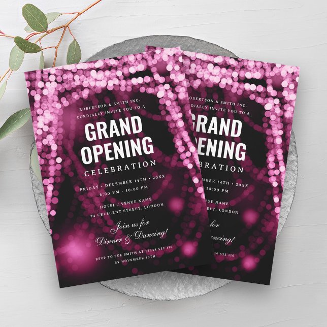 Elegant Grand Open Business Shock rosa Ljus Inbjudningar (Elegant Grand Opening Business Hot Pink Lights Invitation)