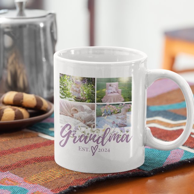 Elegant Grandma Personlig Photo Mugg (Mug with "Grandma 2024" and baby photos, cookies, and coffee pot.)
