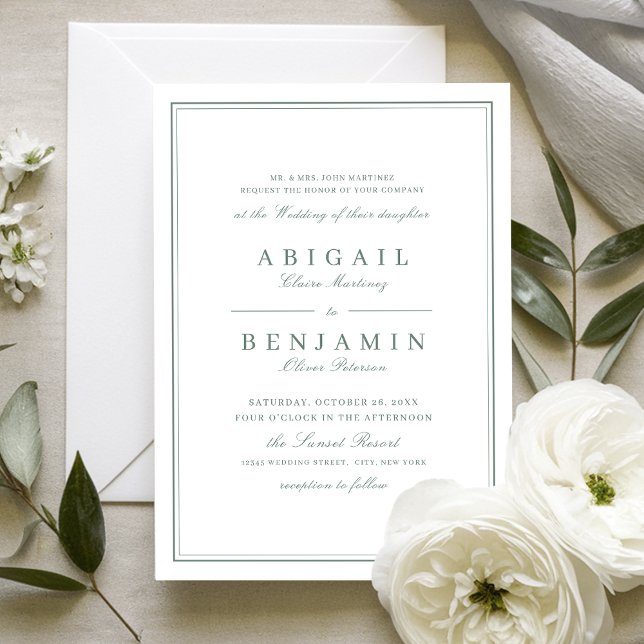 Elegant gräns, grönt för  av sändare i bröllop inbjudningar (Elegant borders sage green minimalist wedding invitation)