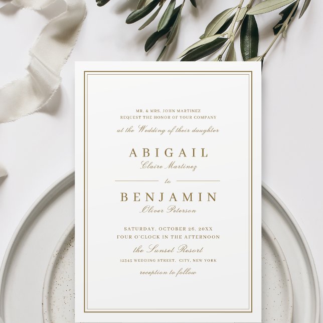 Elegant gräns guld-klassens minimalistisk bröllop inbjudningar (Elegant borders gold classy minimalist wedding invitation)