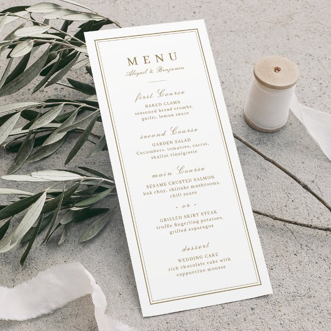 Elegant gräns guld-klassens minimalistisk bröllop meny (Elegant borders gold classy minimalist wedding menu)