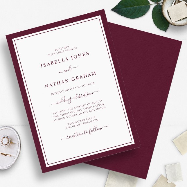 Elegant Gräns - minimalistiskt Burgundy-skript Brö Inbjudningar (Simple Elegant Border Minimalist Burgundy Script Wedding Invitation by Painted Paperie
)