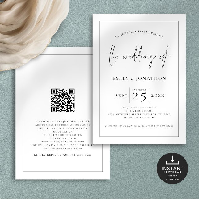 Elegant Gräns QR Black White Bröllop Inbjudningar (Front and back view)