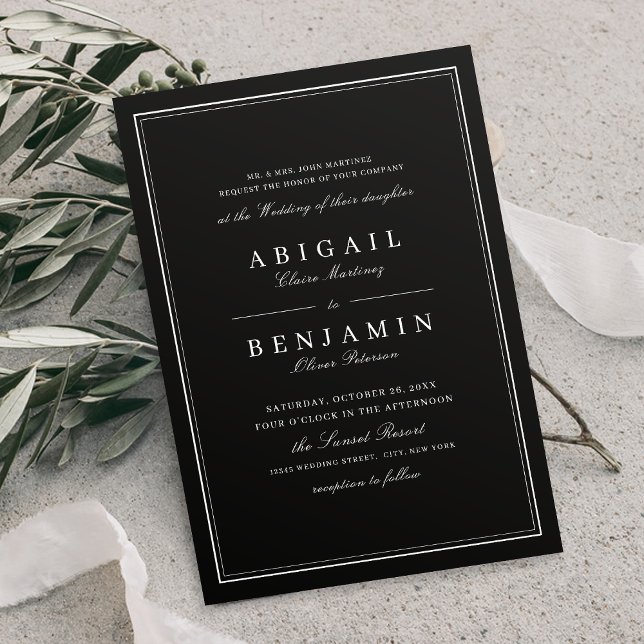 Elegant gräns svartvit minimalistisk bröllop inbjudningar (Elegant borders black minimalist wedding invitation)