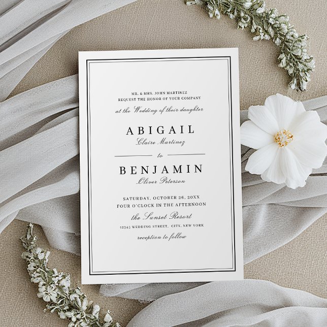 Elegant gräns svartvit minimalistisk bröllop inbjudningar (Elegant borders black and white minimalist wedding invitation)