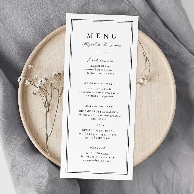 Elegant gräns svartvit minimalistisk bröllop meny (Elegant borders black & white minimalist wedding menu)