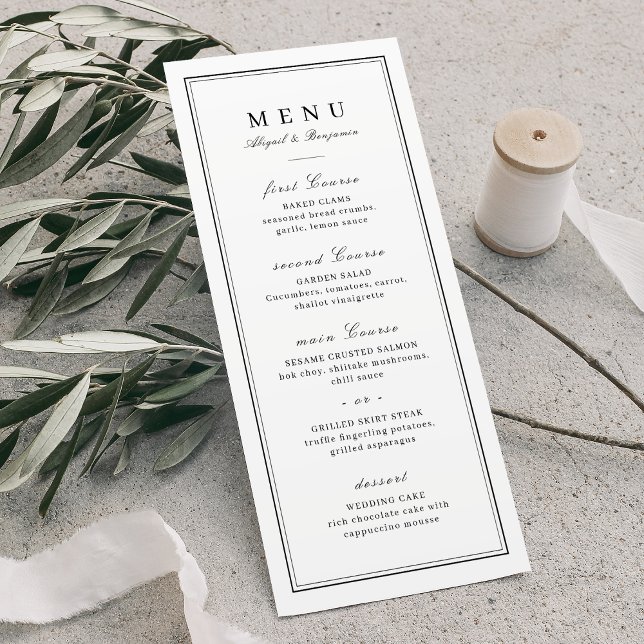 Elegant gräns svartvit minimalistisk bröllop meny (Elegant borders black & white minimalist wedding menu)