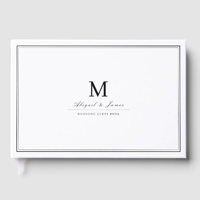 Elegant gräns svartvit minimalistisk monogram gästböcker (Framsida)