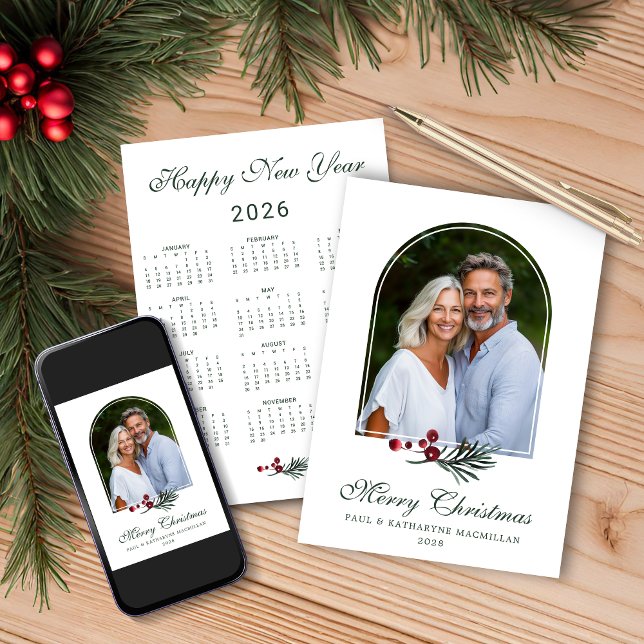Elegant Gräs Arch-julen 2026 Fotokalender Julkort (Elegant Pine Arch Christmas 2026 Photo Calendar Holiday Card with Instant Download)