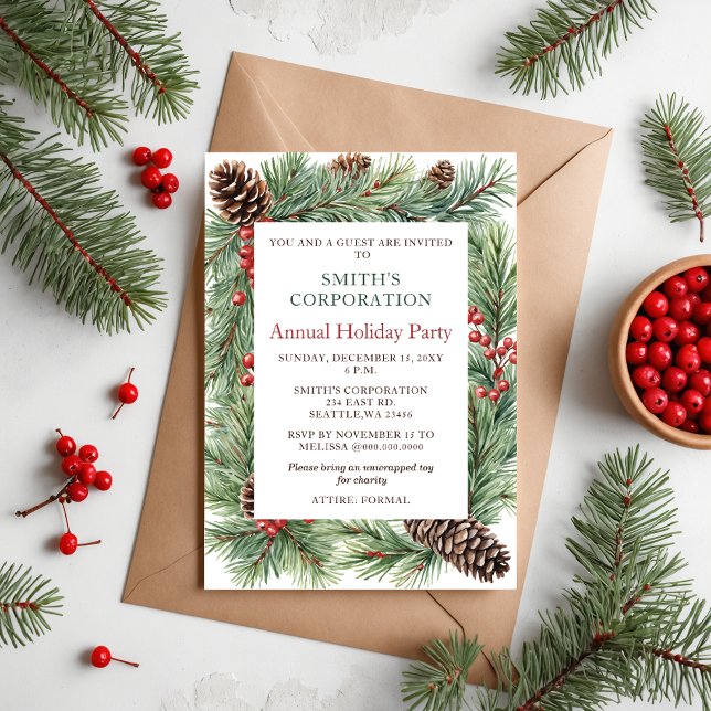 Elegant Gräs Berries Corporate Julfest Inbjudningar (Elegant Pine Berries Corporate Holiday Party Invitation)