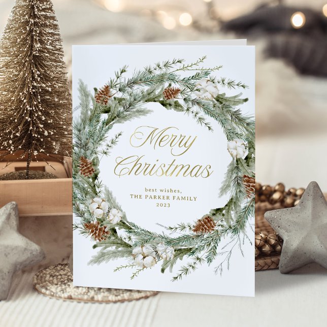Elegant Gräs Greenery | GULD GOD JUL Helgkort (An elegant holiday card with a traditional Christmas wreath and gold script)