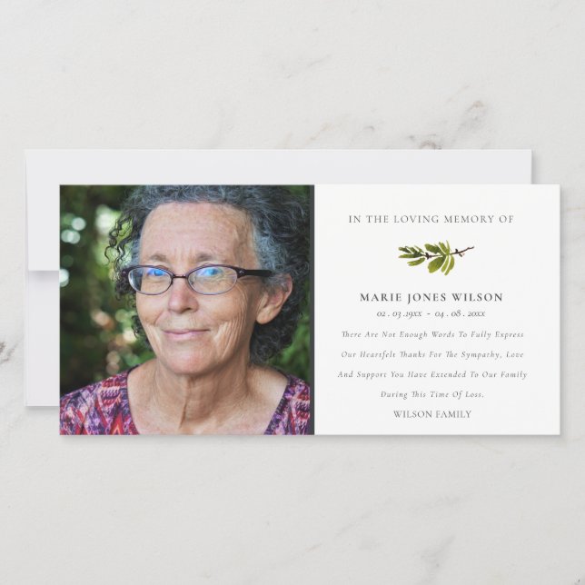 Elegant Gräs Gren fotosymtomatisk minnesstund Tack Kort (Framsida)