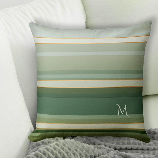 Elegant Gräs Grönt, efterställd Monogram Pillow fö Kudde (Pillow featuring an elegant striped pattern in pine green with pastel turquoise and rose gold lines)