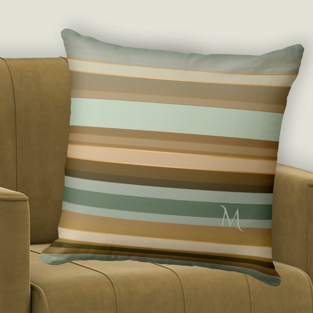 Elegant Gräs Grönt Grått Brown Stripe Mönster Kudde (Pillow featuring an elegant striped pattern in pine green with grey brown and small rose gold lines)