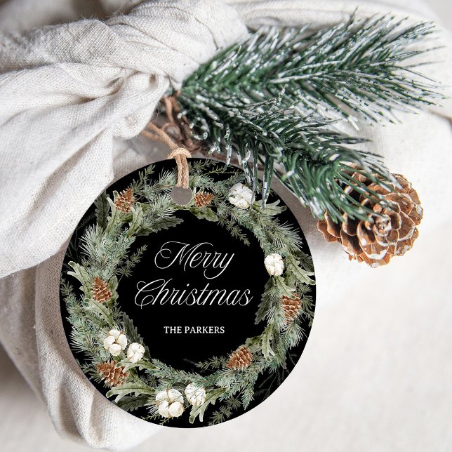 Elegant Gräs och Greenery Black | GOD JUL Gåvor Etiketter (An elegant Christmas gift tag with a pine wreath and greenery)