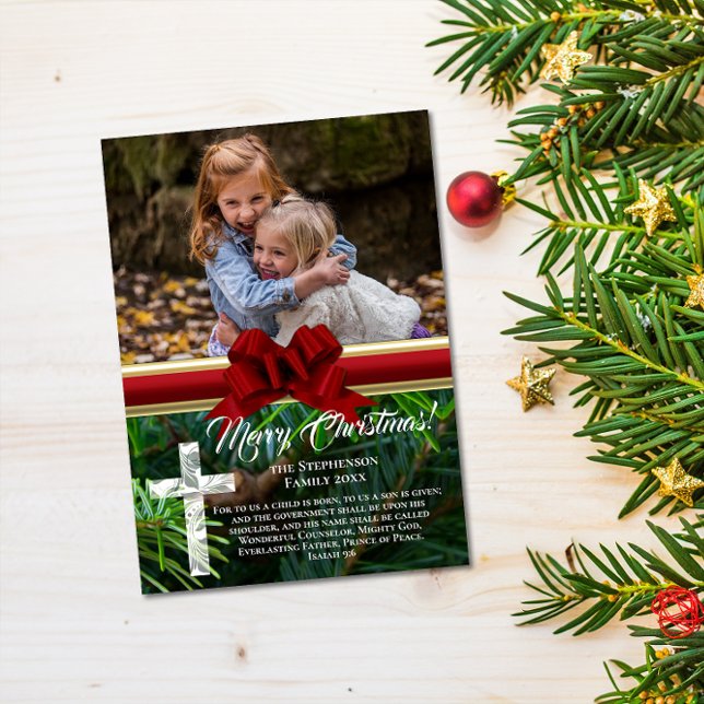 Elegant Gräs Red Bow Religiösa Bible Verse Photo Julkort (christian elegant pine bow religious bible verse photo christmas card)