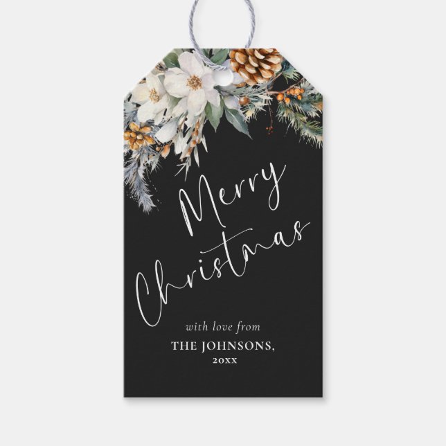 Elegant Gräs Träd Greenery | Svart jul Presentetikett (Framsidan)