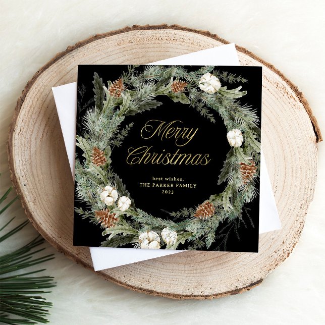 Elegant Gräs WAN Black | GULD GOD JUL Julkort (An elegant, dark black holiday card with a traditional Christmas wreath and gold script)