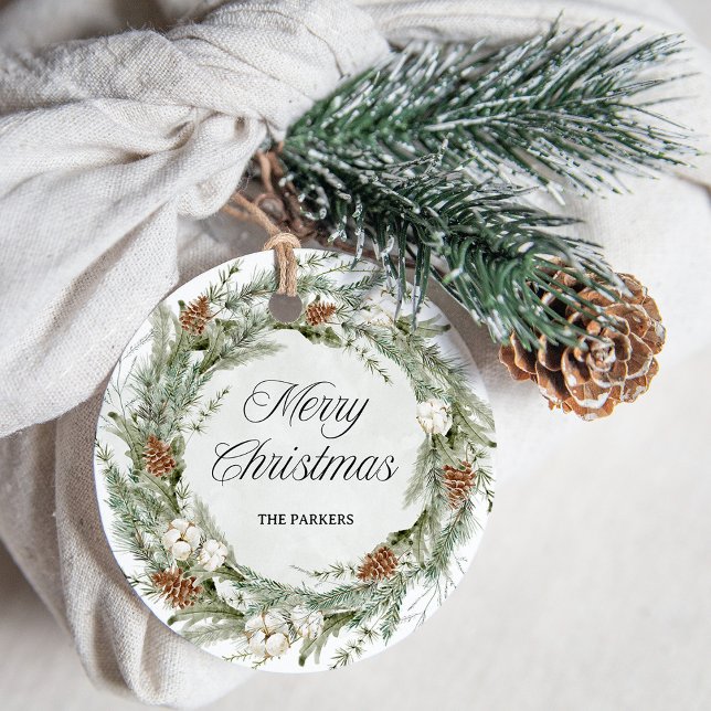 Elegant Gräs Wandan och Greenery | GOD JUL Gåvor Etiketter (An elegant Christmas gift tag with a pine wreath and greenery)