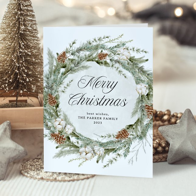 Elegant Gräs Wandan och Greenery | GOD JUL Helgkort (An elegant holiday card with a traditional Christmas wreath and script)