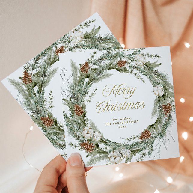 Elegant Gräs Wandan och Greenery | GOD JUL Julkort (A stunning holiday card with a Christmas pine wreath, and gold look modern script)