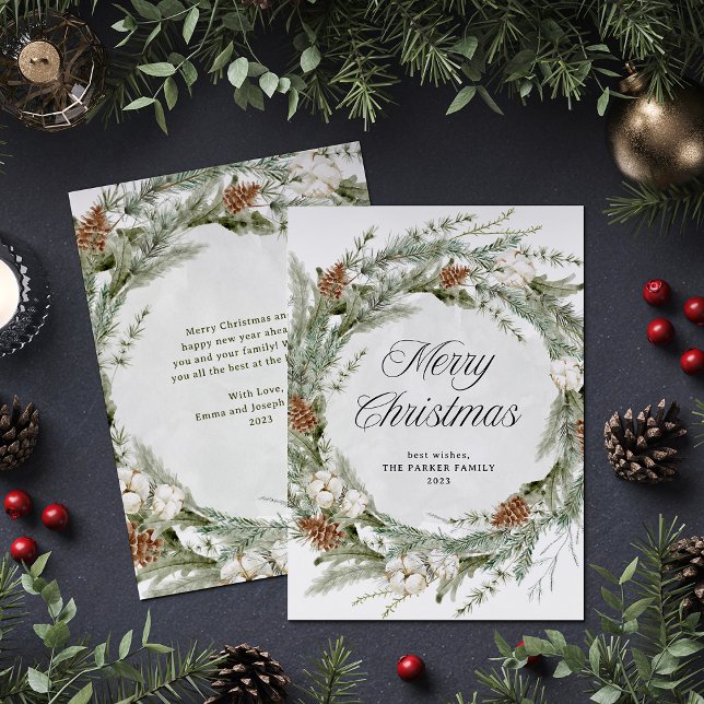 Elegant Gräs Wandan och Greenery | GOD JUL Julkort (An elegant, traditional holiday card with a Christmas pine wreath and modern calligraphy)