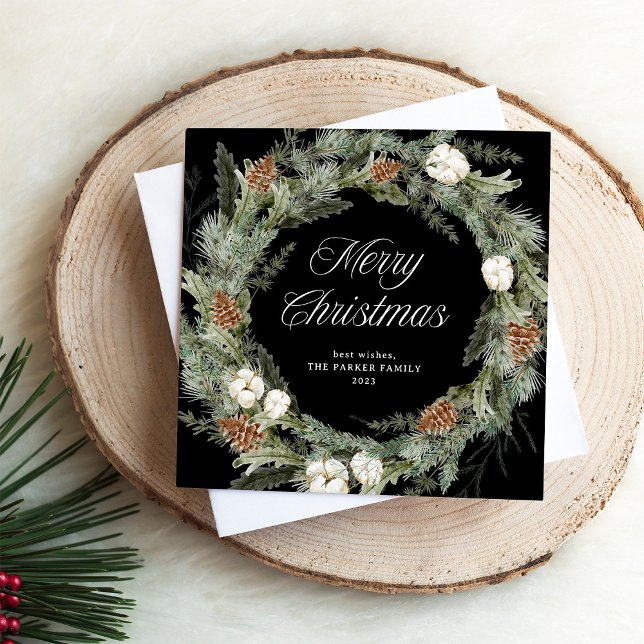 Elegant Gräs Wandan och Greenery | GOD JUL Julkort (An elegant, dark black holiday card with a traditional Christmas wreath and modern calligraphy)